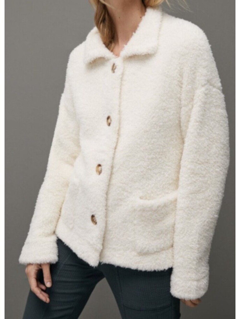 AMADI white fuzzy button down jacket cardigan sz L